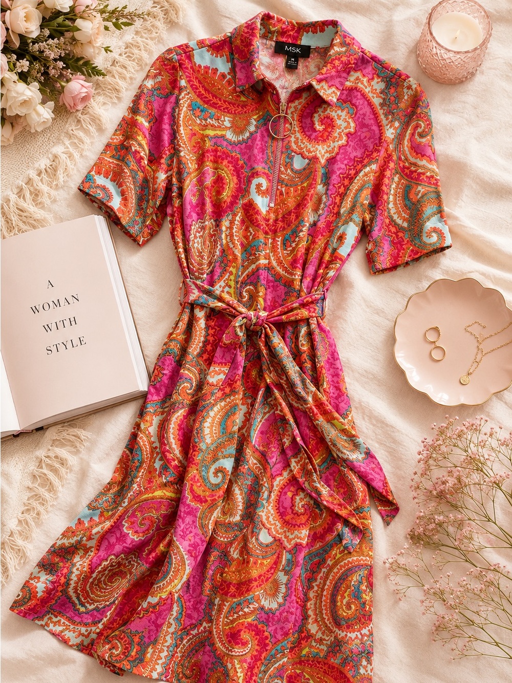 MSK Paisley Midi Dress Medium Pink Orange Belted Zip Neck